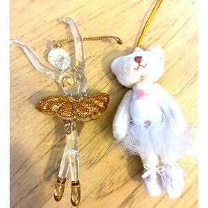 2 Ballerina Christmas ornaments glass ballerina, plush teddy bear Sanding Tutu